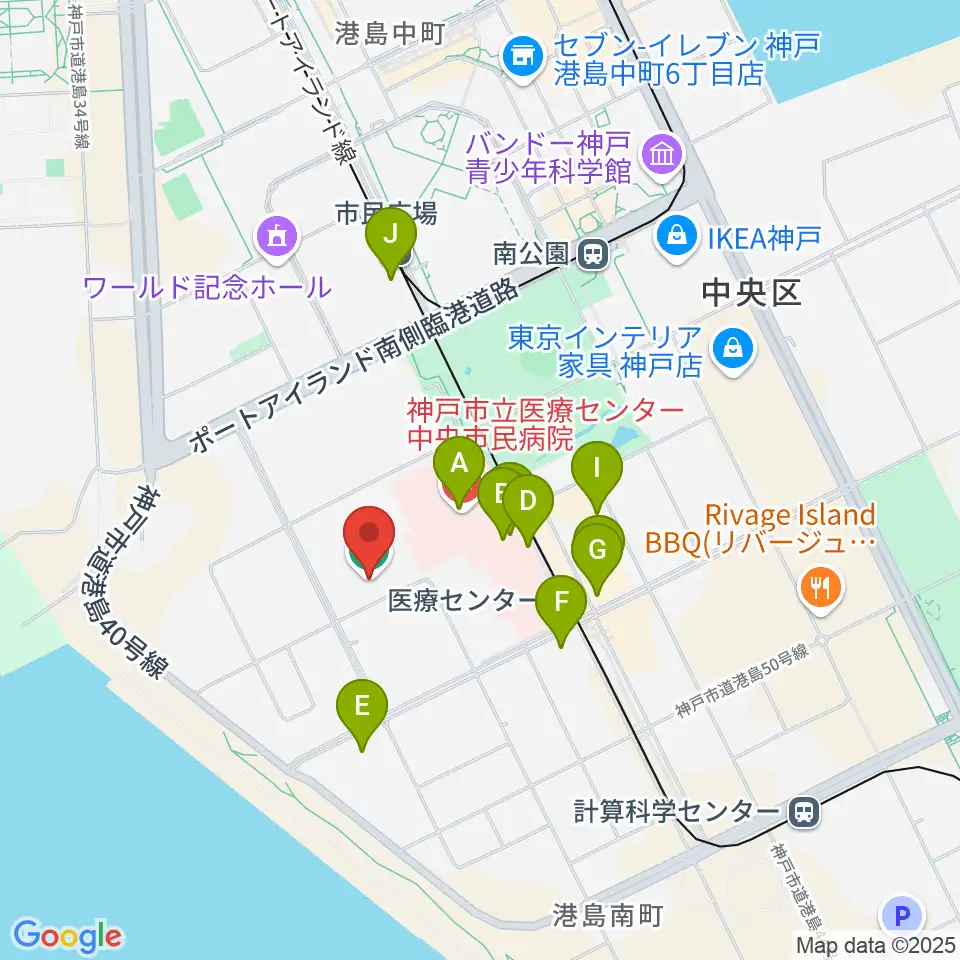 神戸市立港島南球技場周辺のファミレス・ファーストフード一覧地図
