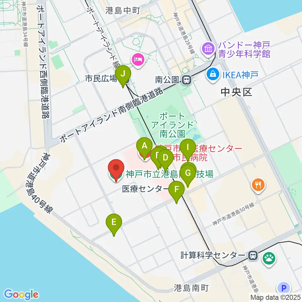 神戸市立港島南球技場周辺のファミレス・ファーストフード一覧地図