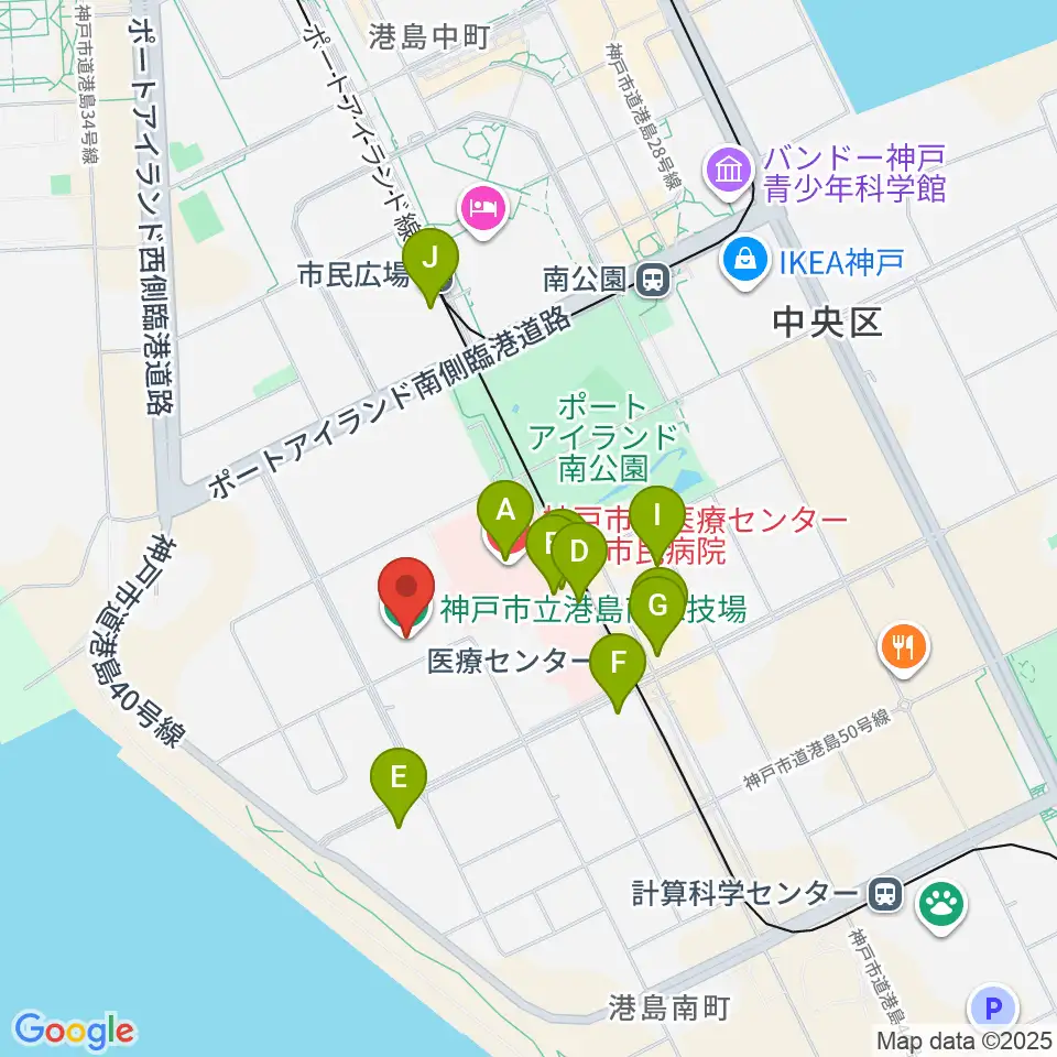 神戸市立港島南球技場周辺のファミレス・ファーストフード一覧地図