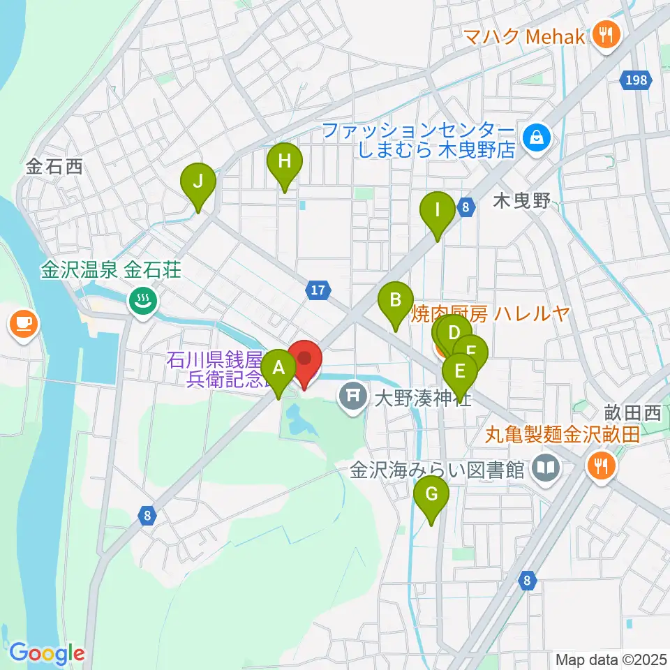 石川県銭屋五兵衛記念館周辺のファミレス・ファーストフード一覧地図