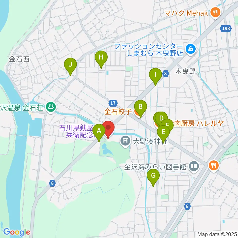 石川県銭屋五兵衛記念館周辺のファミレス・ファーストフード一覧地図