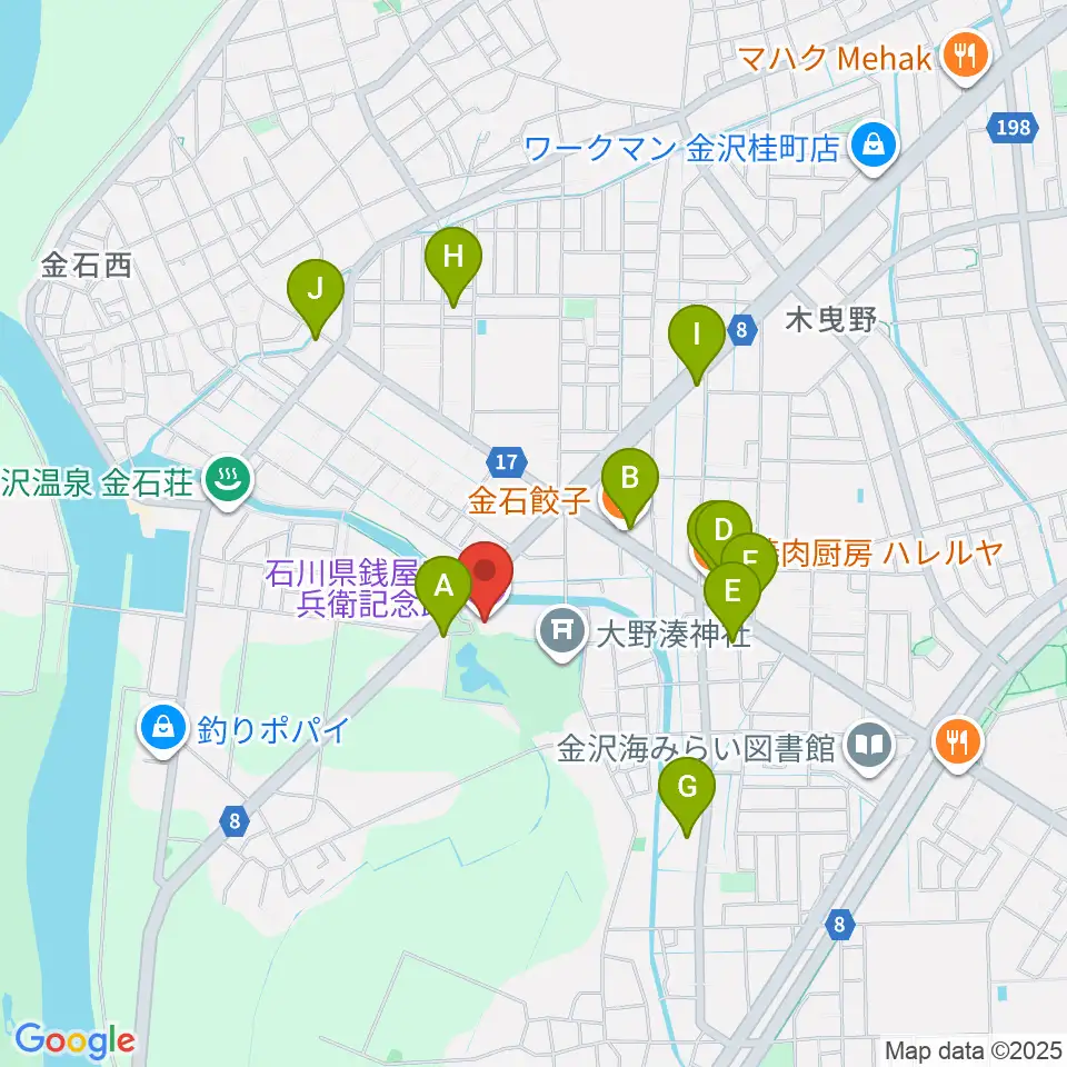 石川県銭屋五兵衛記念館周辺のファミレス・ファーストフード一覧地図