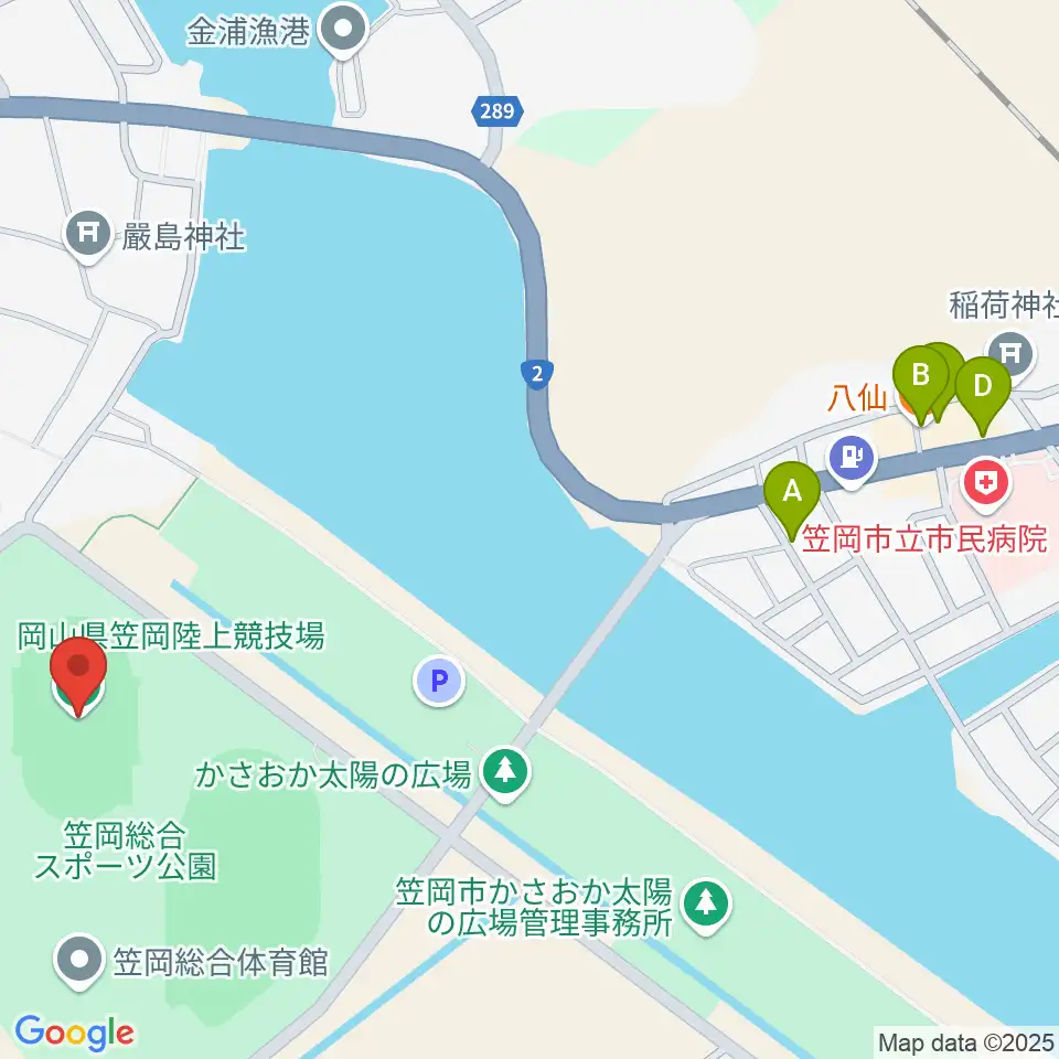 岡山県笠岡陸上競技場周辺のファミレス・ファーストフード一覧地図