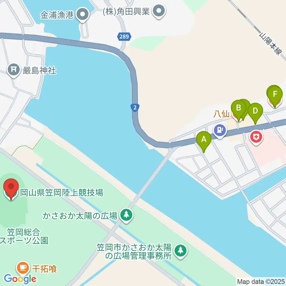 岡山県笠岡陸上競技場周辺のファミレス・ファーストフード一覧地図