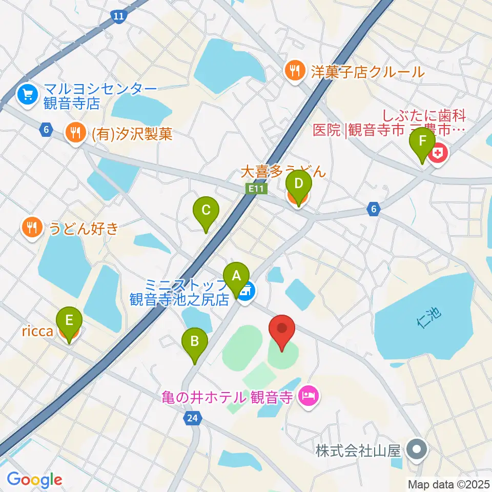 観音寺市総合運動公園野球場周辺のファミレス・ファーストフード一覧地図