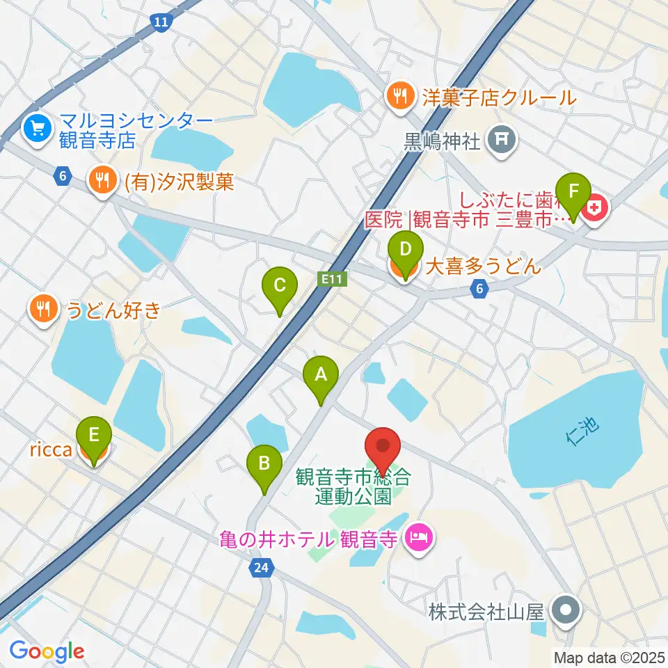観音寺市総合運動公園野球場周辺のファミレス・ファーストフード一覧地図