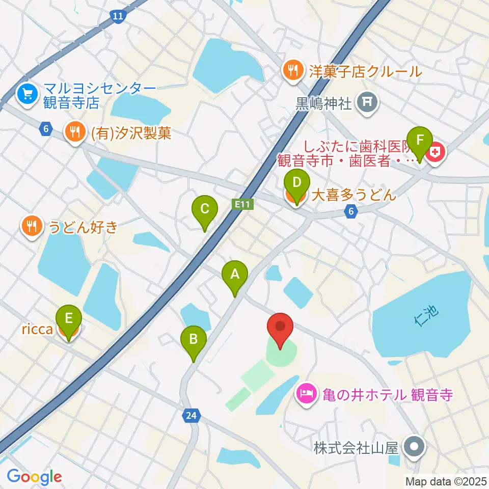 観音寺市総合運動公園野球場周辺のファミレス・ファーストフード一覧地図