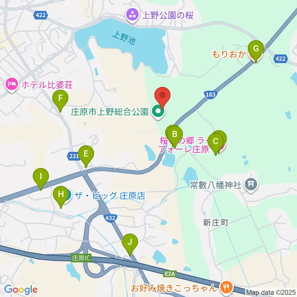 庄原市上野総合公園陸上競技場周辺のファミレス・ファーストフード一覧地図