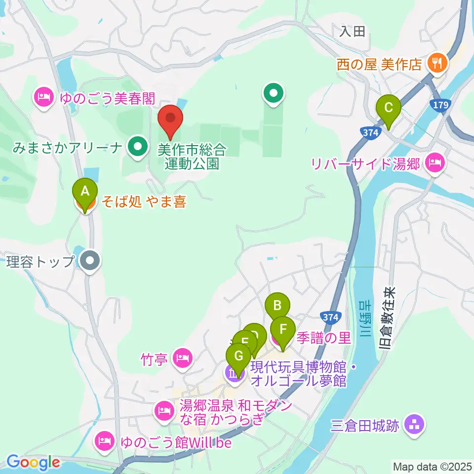 岡山県美作ラグビー・サッカー場周辺のファミレス・ファーストフード一覧地図