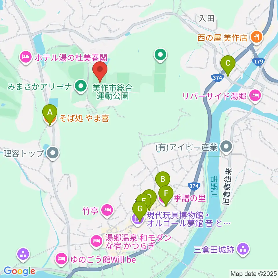 岡山県美作ラグビー・サッカー場周辺のファミレス・ファーストフード一覧地図