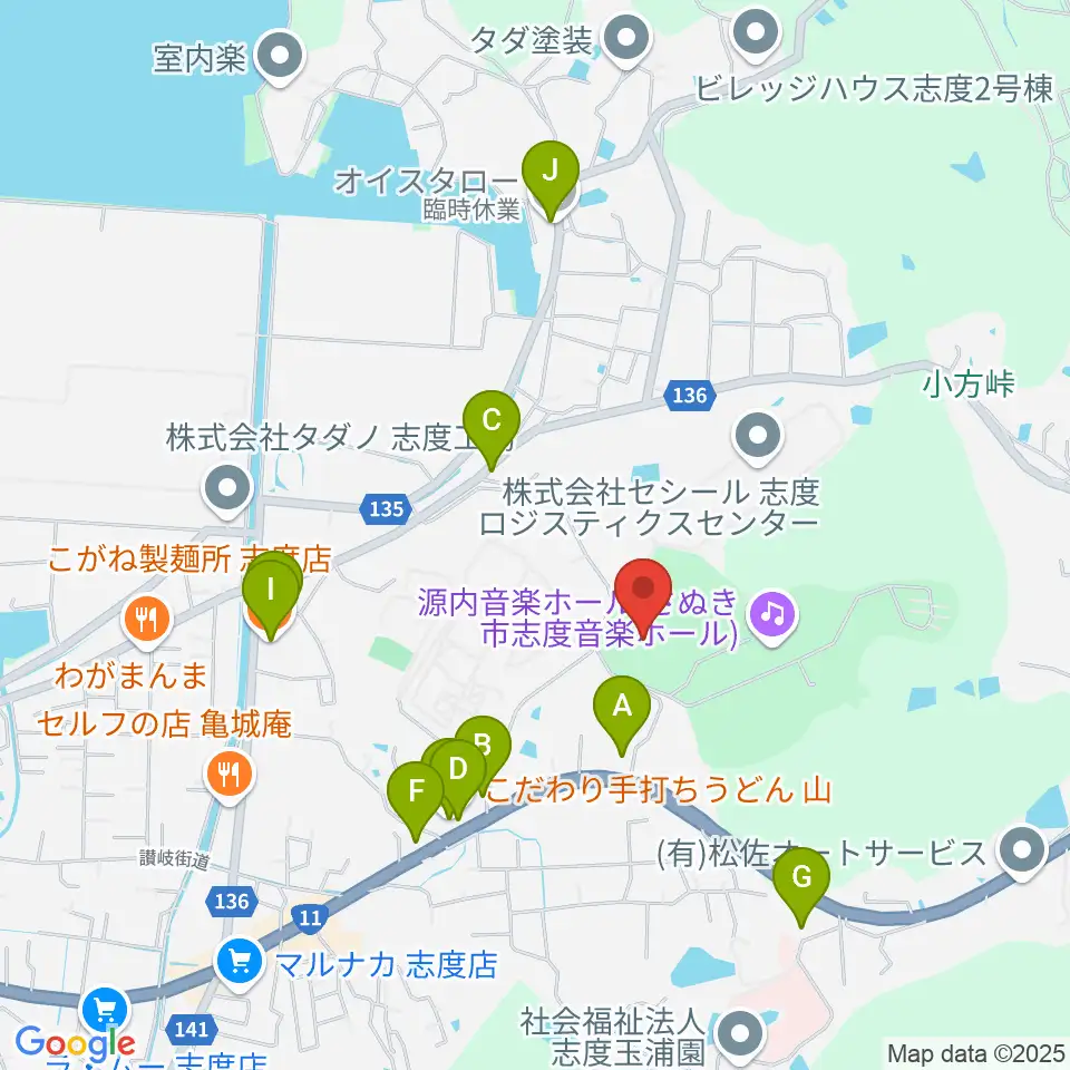 志度総合運動公園野球場周辺のファミレス・ファーストフード一覧地図