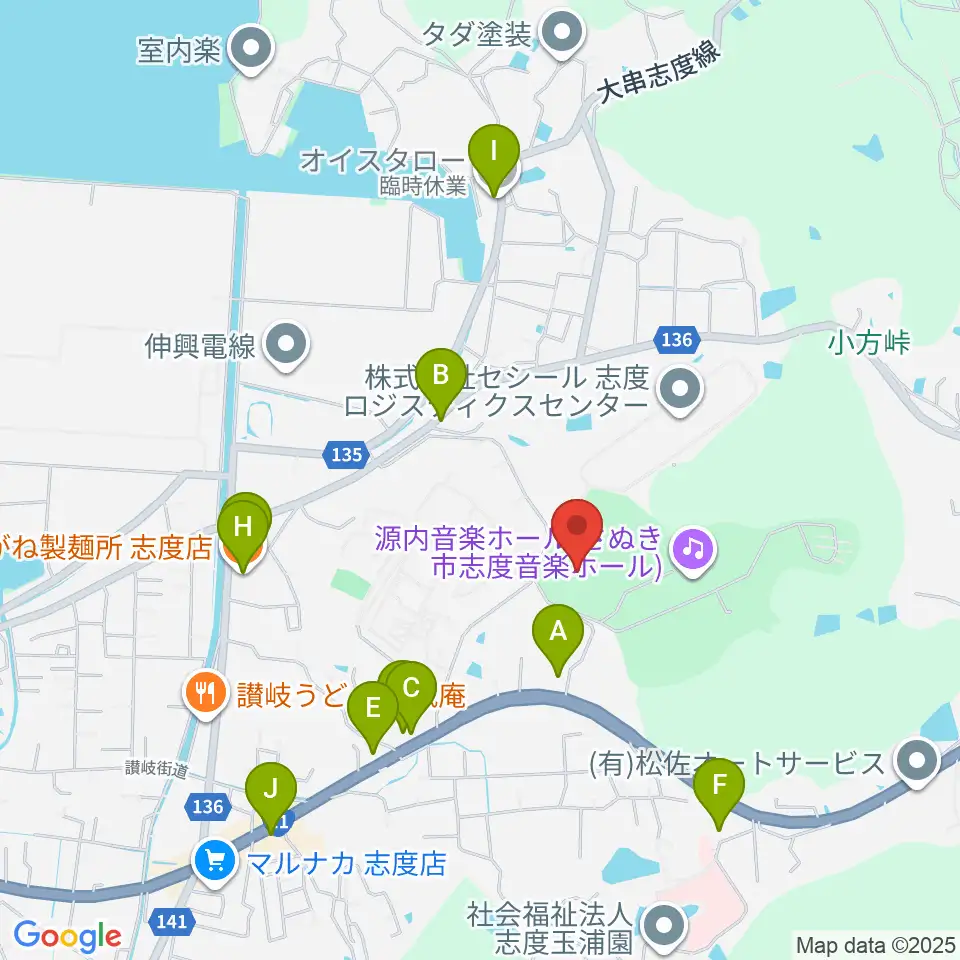 志度総合運動公園野球場周辺のファミレス・ファーストフード一覧地図