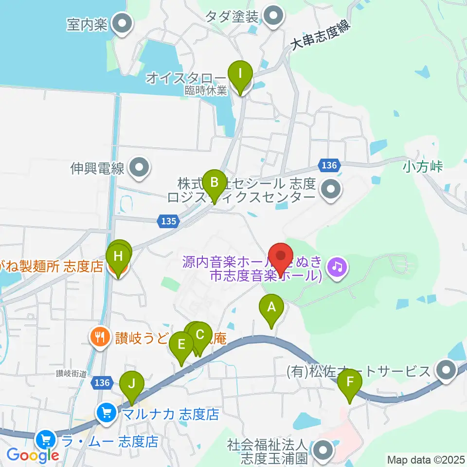 志度総合運動公園野球場周辺のファミレス・ファーストフード一覧地図