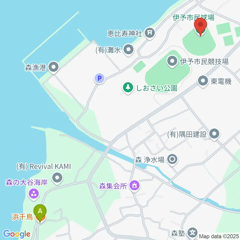 伊予市民球場周辺のファミレス・ファーストフード一覧地図