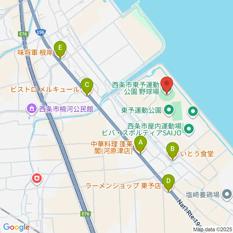 西条市東予運動公園野球場周辺のファミレス・ファーストフード一覧地図