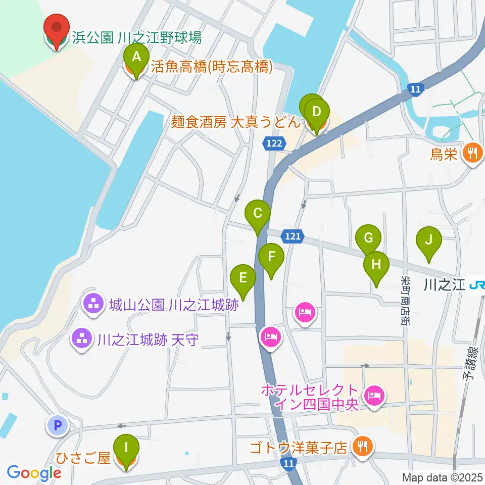 浜公園川之江野球場周辺のファミレス・ファーストフード一覧地図