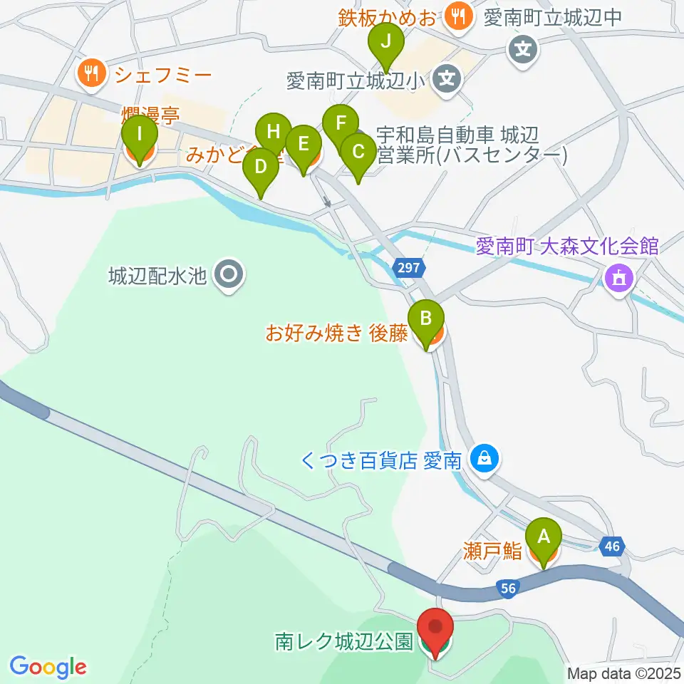 南レク城辺公園野球場周辺のファミレス・ファーストフード一覧地図