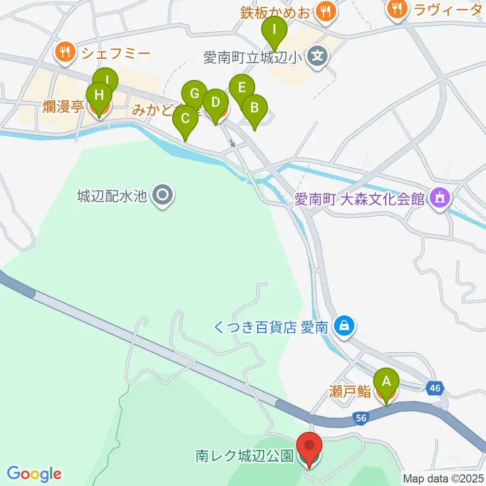 南レク城辺公園野球場周辺のファミレス・ファーストフード一覧地図