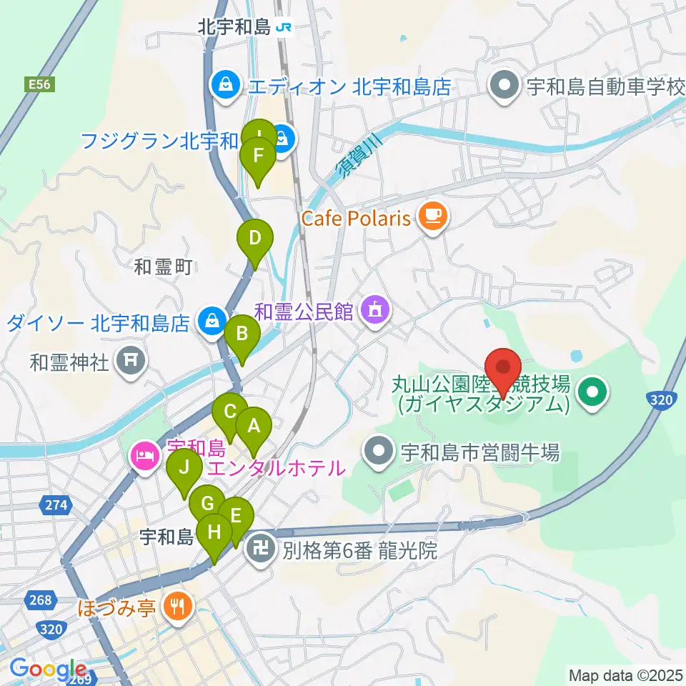 丸山公園野球場周辺のファミレス・ファーストフード一覧地図