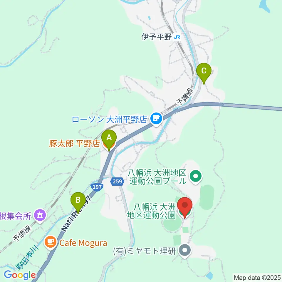 八幡浜・大洲地区運動公園野球場周辺のファミレス・ファーストフード一覧地図