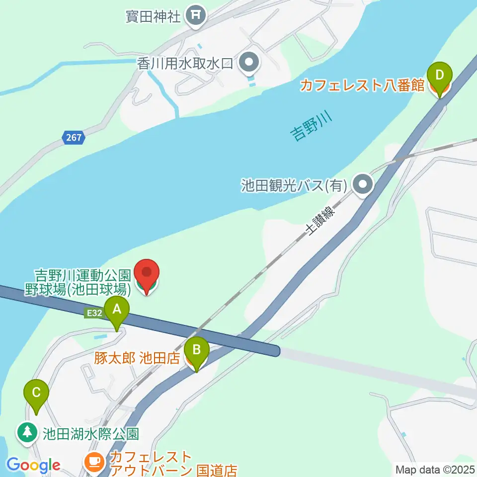 三好市吉野川運動公園野球場周辺のファミレス・ファーストフード一覧地図