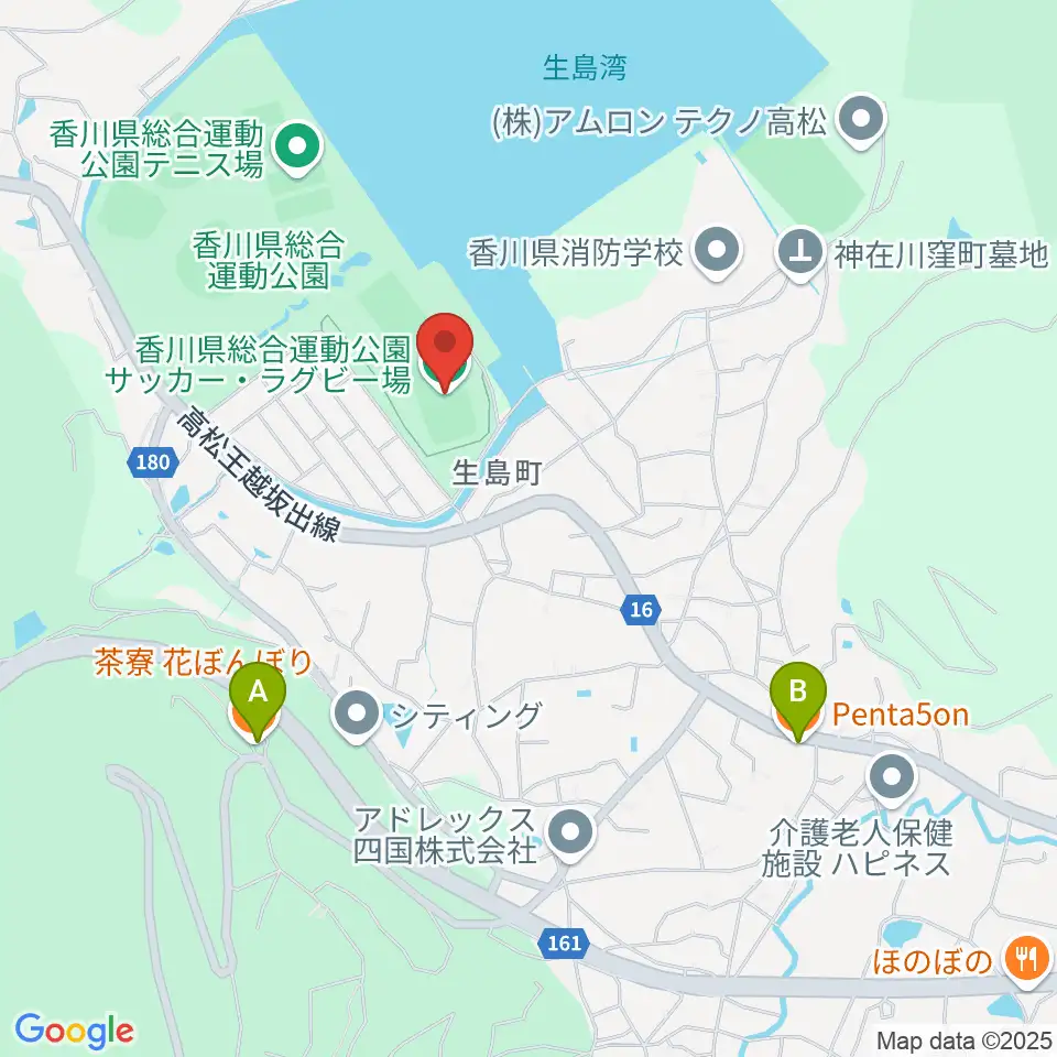 香川県総合運動公園サッカー・ラグビー場周辺のファミレス・ファーストフード一覧地図