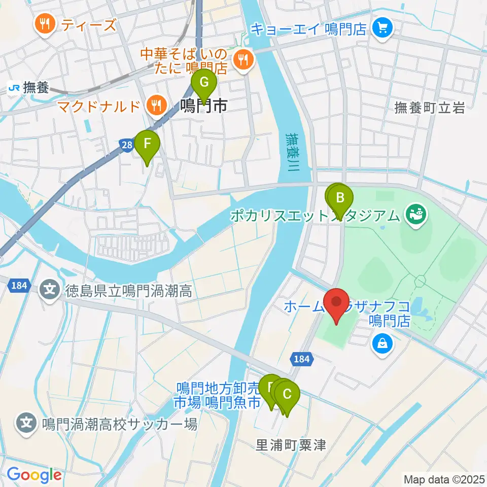 鳴門・大塚スポーツパーク球技場周辺のファミレス・ファーストフード一覧地図