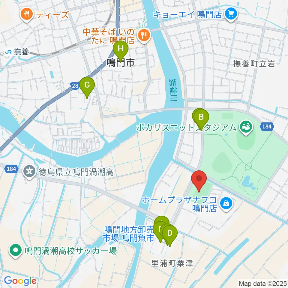 鳴門・大塚スポーツパーク球技場周辺のファミレス・ファーストフード一覧地図