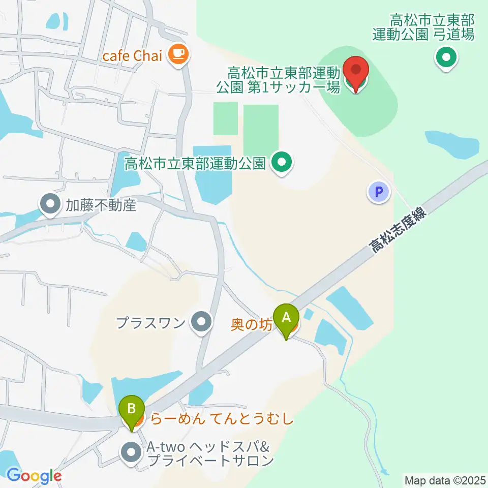 高松市立東部運動公園サッカー場周辺のファミレス・ファーストフード一覧地図