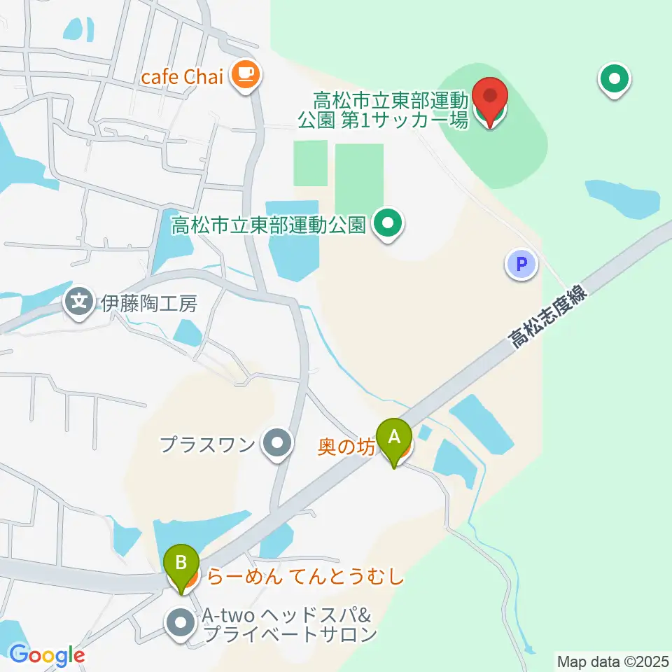 高松市立東部運動公園サッカー場周辺のファミレス・ファーストフード一覧地図