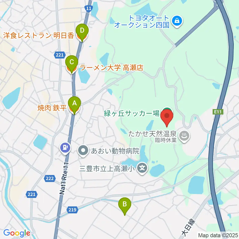 三豊市緑ヶ丘総合運動公園サッカー場周辺のファミレス・ファーストフード一覧地図