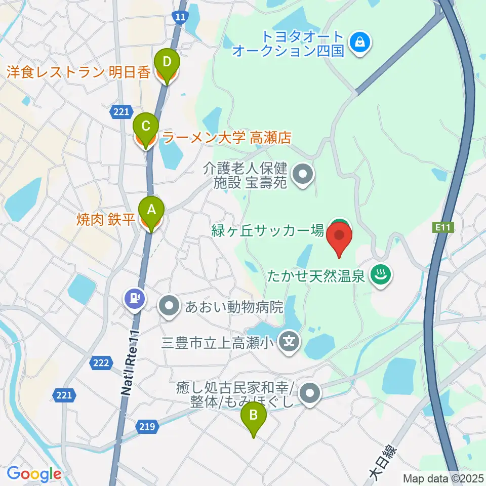 三豊市緑ヶ丘総合運動公園サッカー場周辺のファミレス・ファーストフード一覧地図