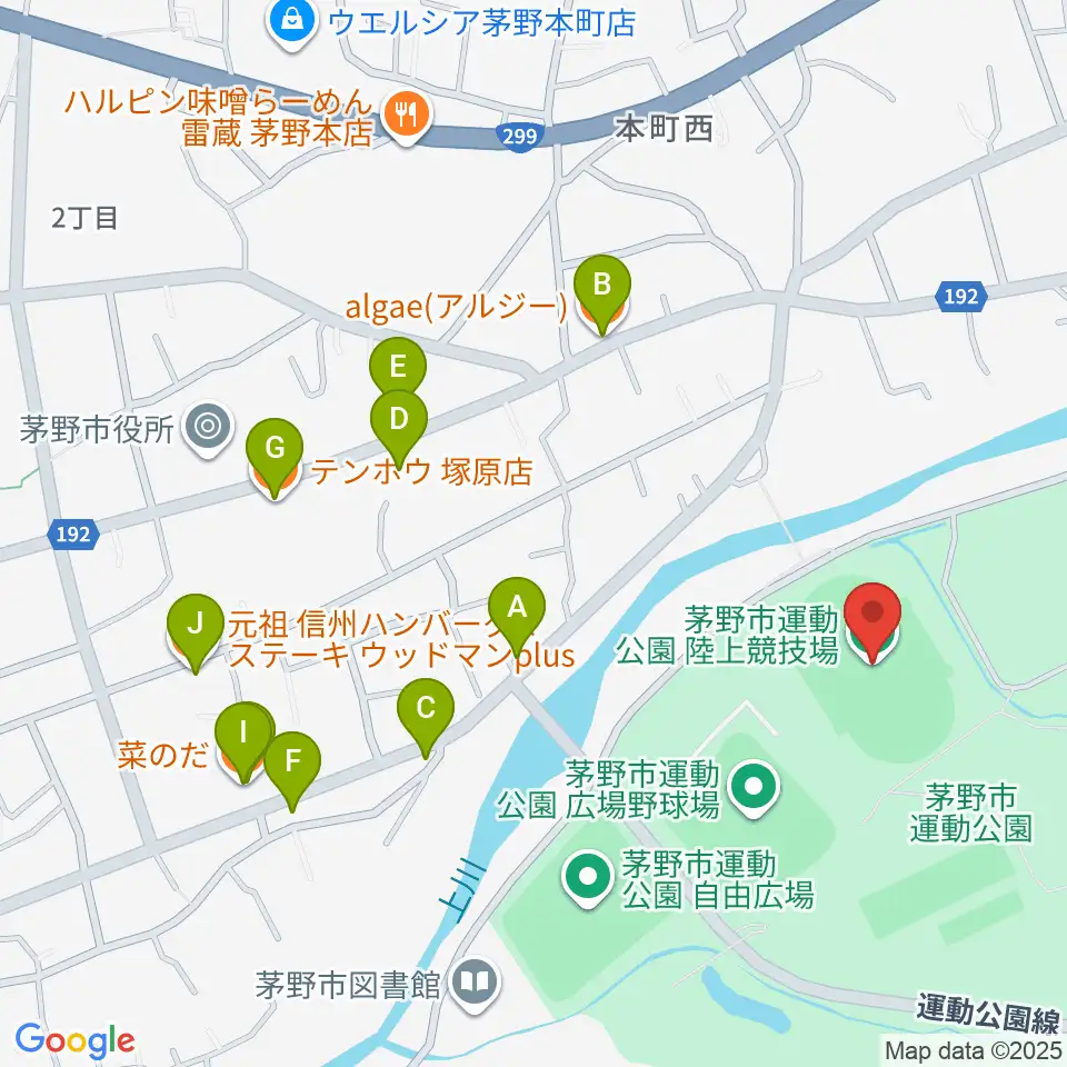 茅野市運動公園陸上競技場周辺のファミレス・ファーストフード一覧地図