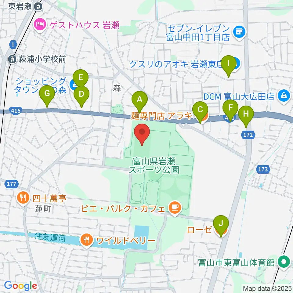富山県岩瀬スポーツ公園サッカー・ラグビー場周辺のファミレス・ファーストフード一覧地図