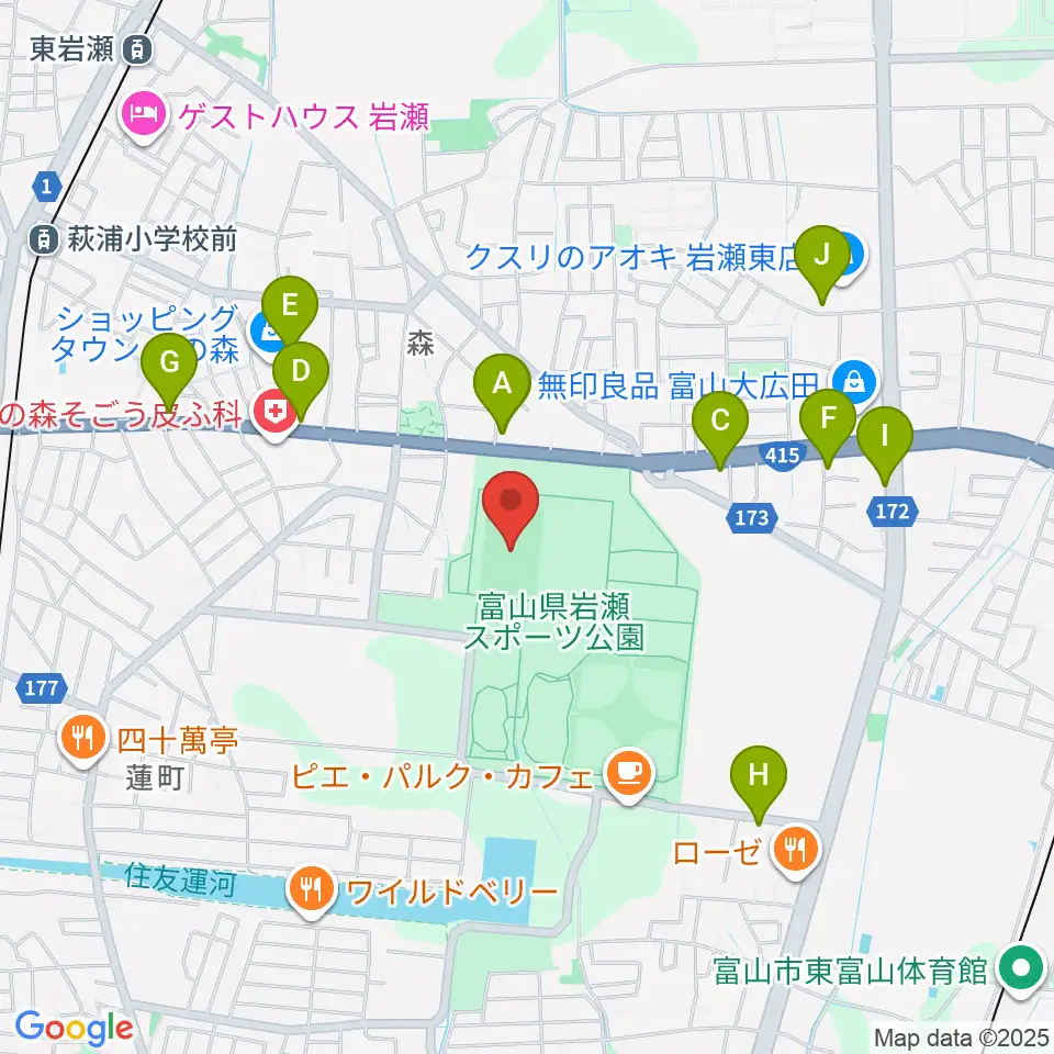 富山県岩瀬スポーツ公園サッカー・ラグビー場周辺のファミレス・ファーストフード一覧地図