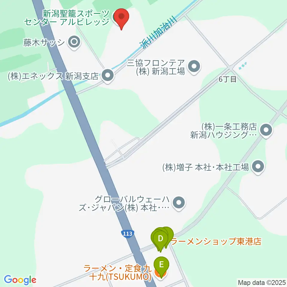 新潟聖籠スポーツセンターアルビレッジ周辺のファミレス・ファーストフード一覧地図
