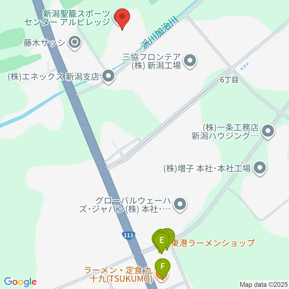 新潟聖籠スポーツセンターアルビレッジ周辺のファミレス・ファーストフード一覧地図