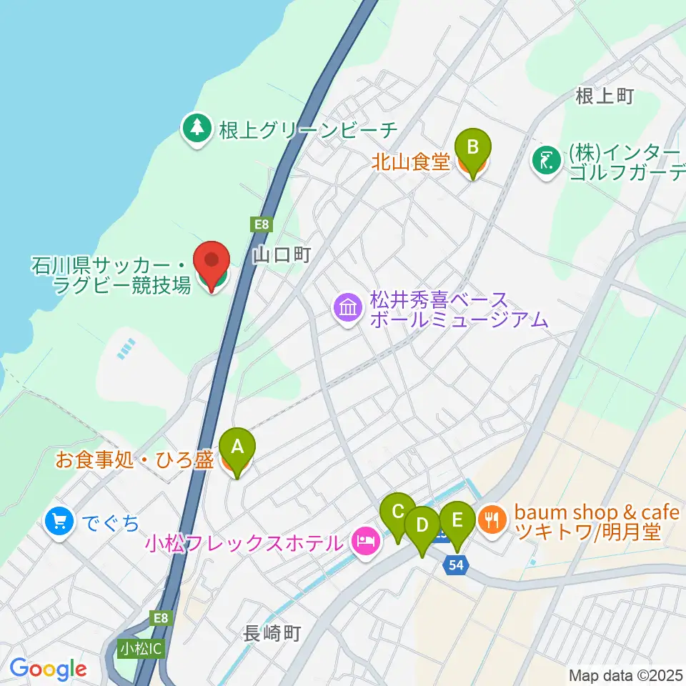 石川県サッカー・ラグビー競技場周辺のファミレス・ファーストフード一覧地図