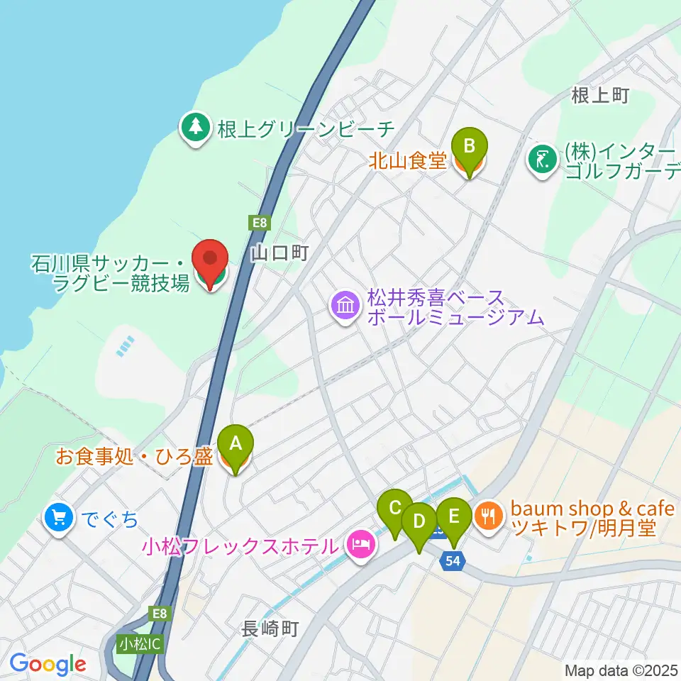 石川県サッカー・ラグビー競技場周辺のファミレス・ファーストフード一覧地図