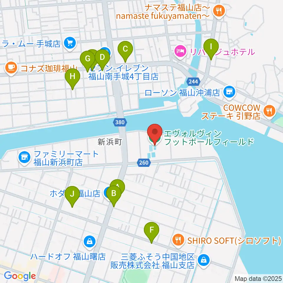 エヴォルヴィンフットボールフィールド周辺のファミレス・ファーストフード一覧地図