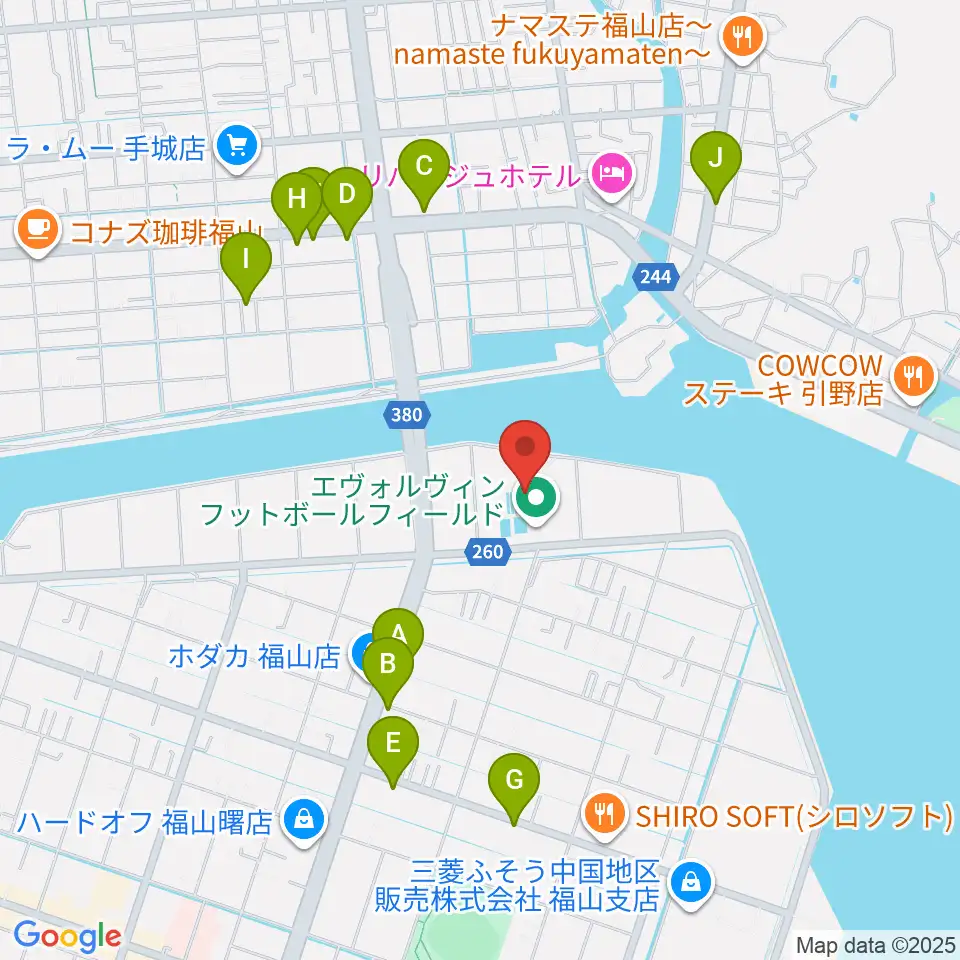 エヴォルヴィンフットボールフィールド周辺のファミレス・ファーストフード一覧地図