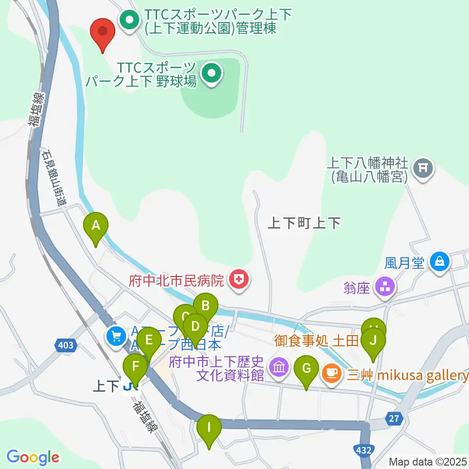 TTCスポーツパーク上下人工芝グラウンド周辺のファミレス・ファーストフード一覧地図