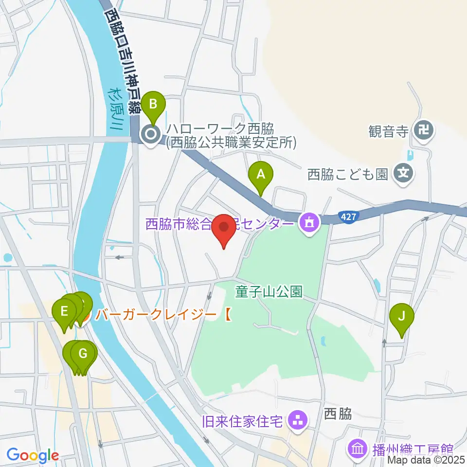 西脇市郷土資料館周辺のファミレス・ファーストフード一覧地図