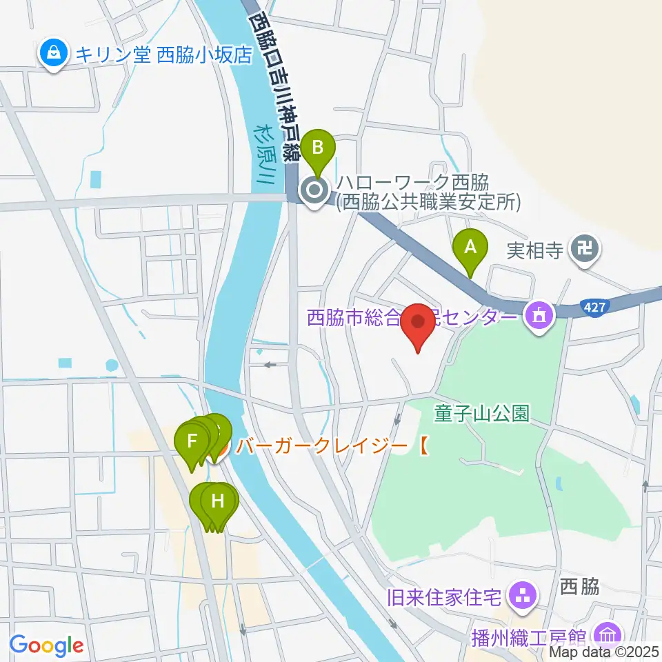 西脇市郷土資料館周辺のファミレス・ファーストフード一覧地図