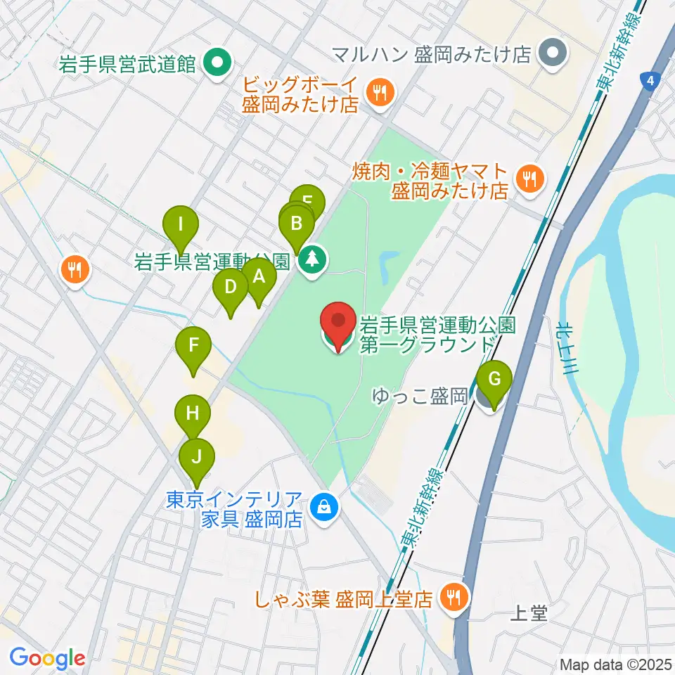 岩手県営運動公園グラウンド周辺のファミレス・ファーストフード一覧地図