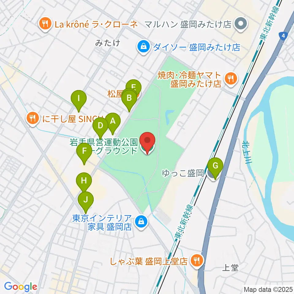 岩手県営運動公園グラウンド周辺のファミレス・ファーストフード一覧地図