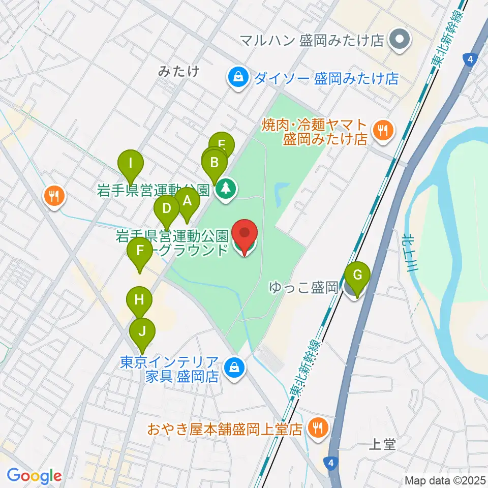 岩手県営運動公園グラウンド周辺のファミレス・ファーストフード一覧地図