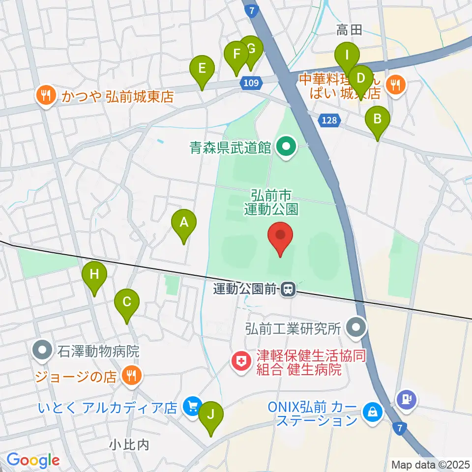 弘前市運動公園球技場周辺のファミレス・ファーストフード一覧地図