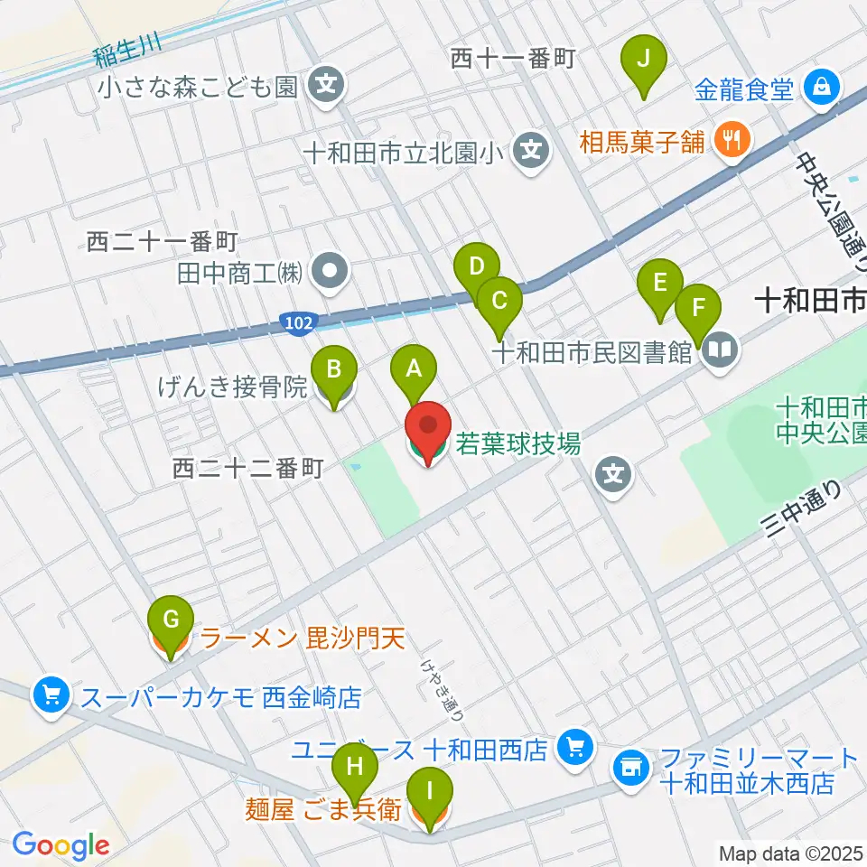 十和田市若葉球技場周辺のファミレス・ファーストフード一覧地図
