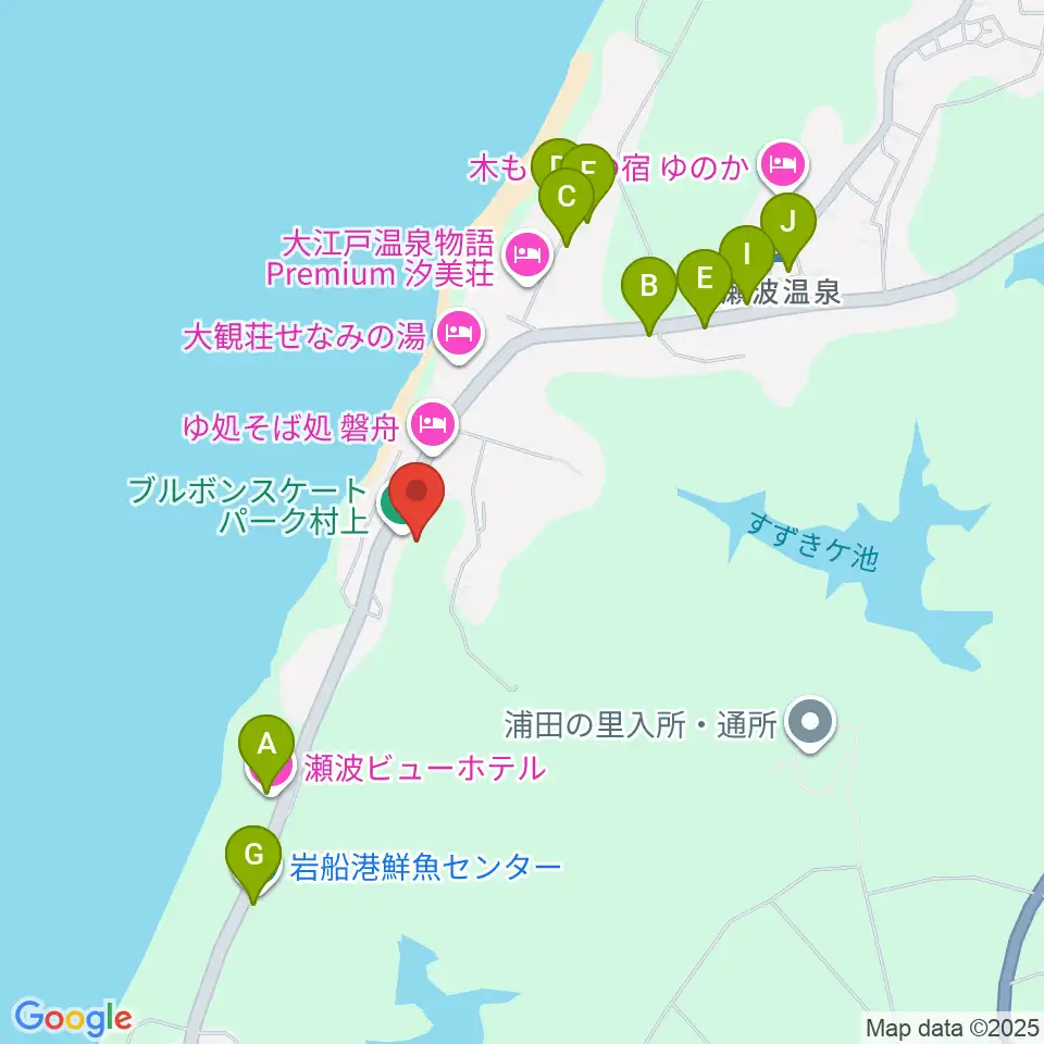 ブルボンスケートパーク村上周辺のファミレス・ファーストフード一覧地図